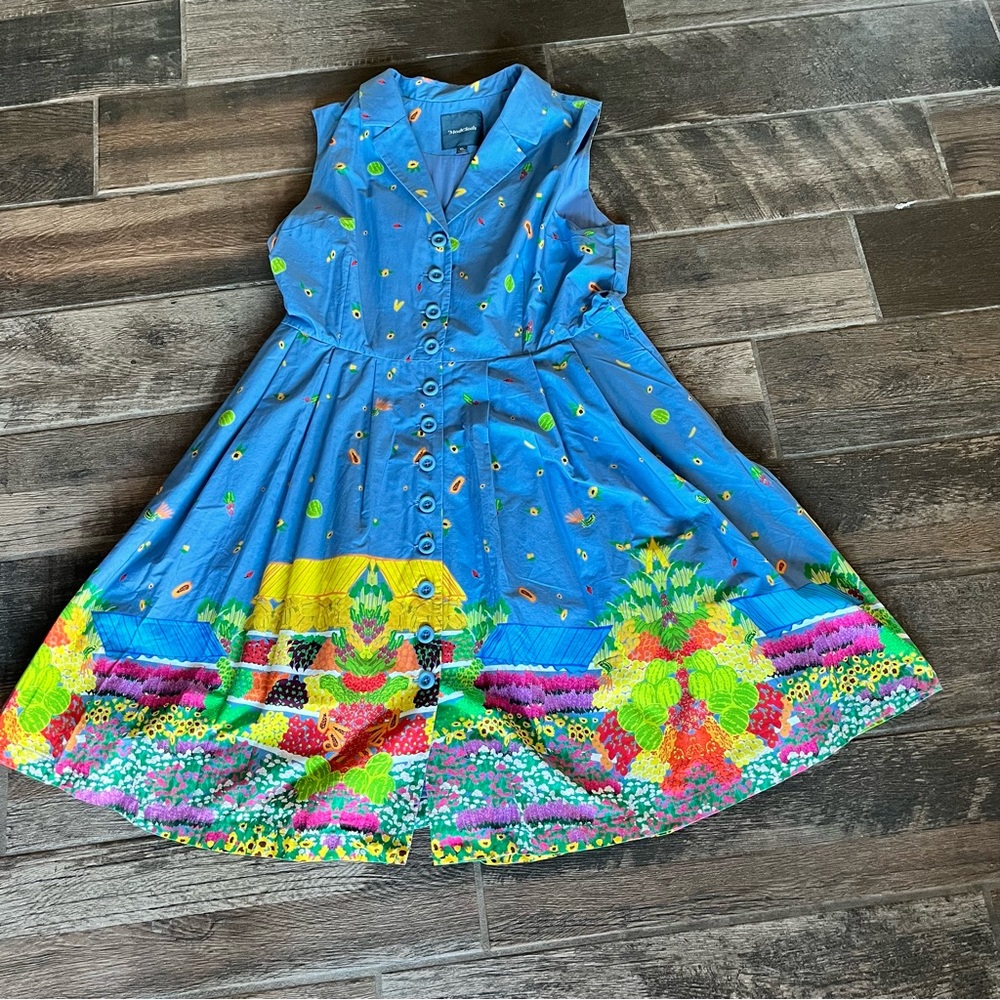 ModCloth crisp cotton flower retro pinup garden dress vibrant semi full XL